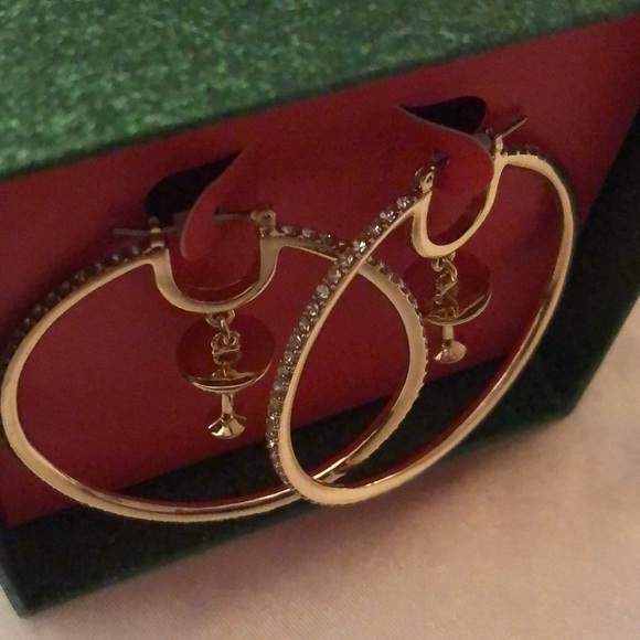 Betsey Johnson Gold Tone Hoop Earrings With Martini Charm & Crystal Accents NIB - Picture 5 of 13